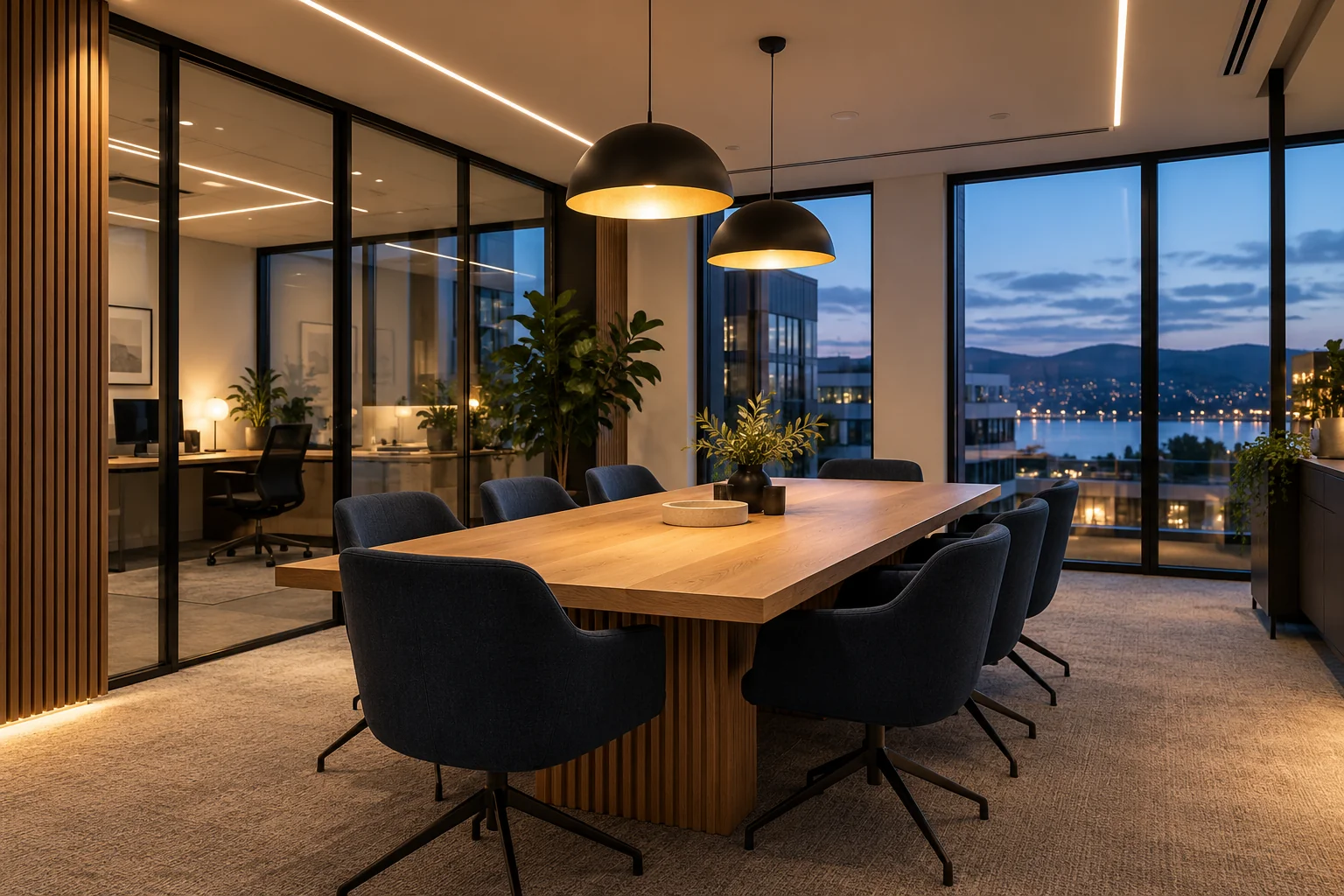 Modern office meeting space with ceiling and pendant lighting