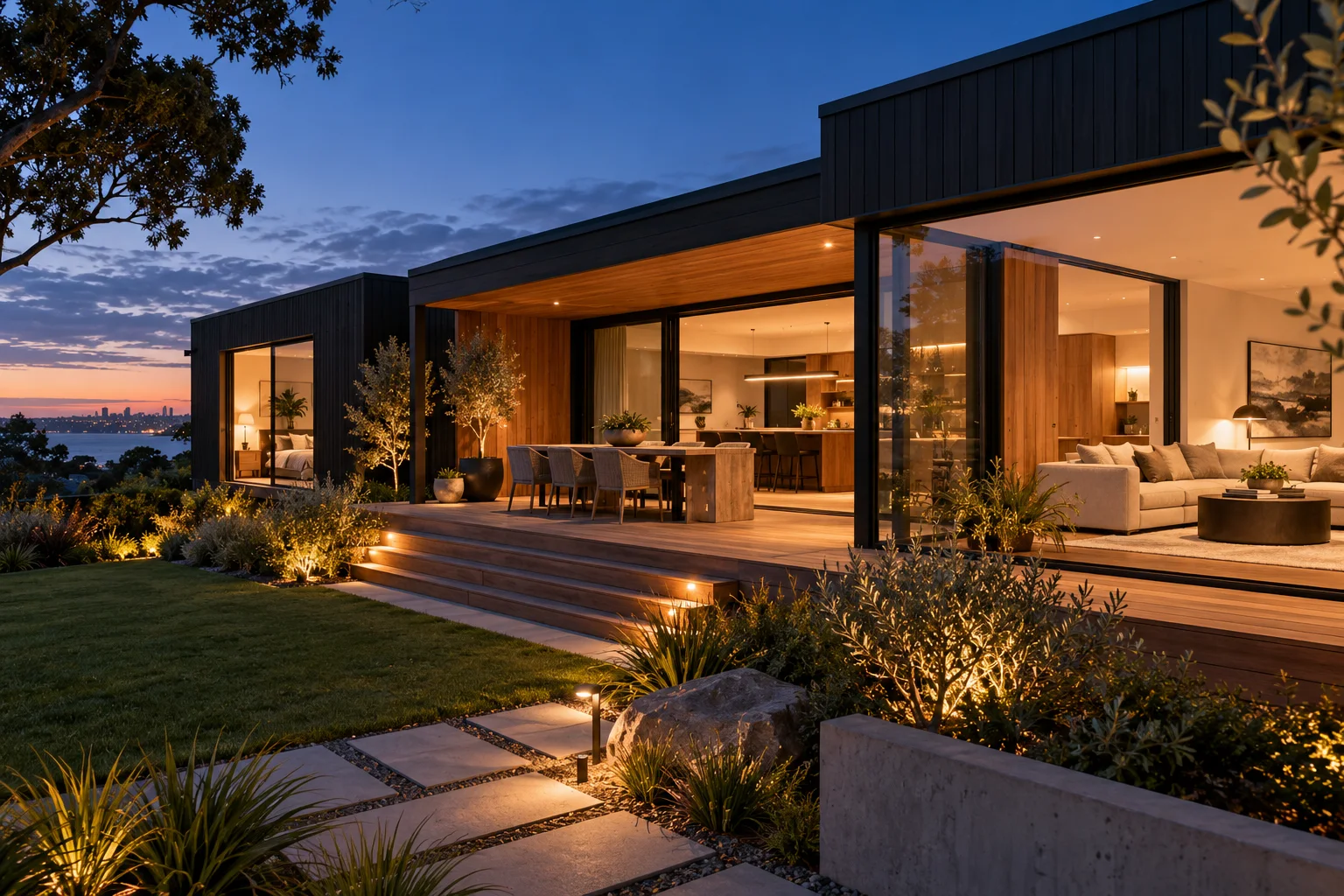 Contemporary home with warm interior and garden lighting